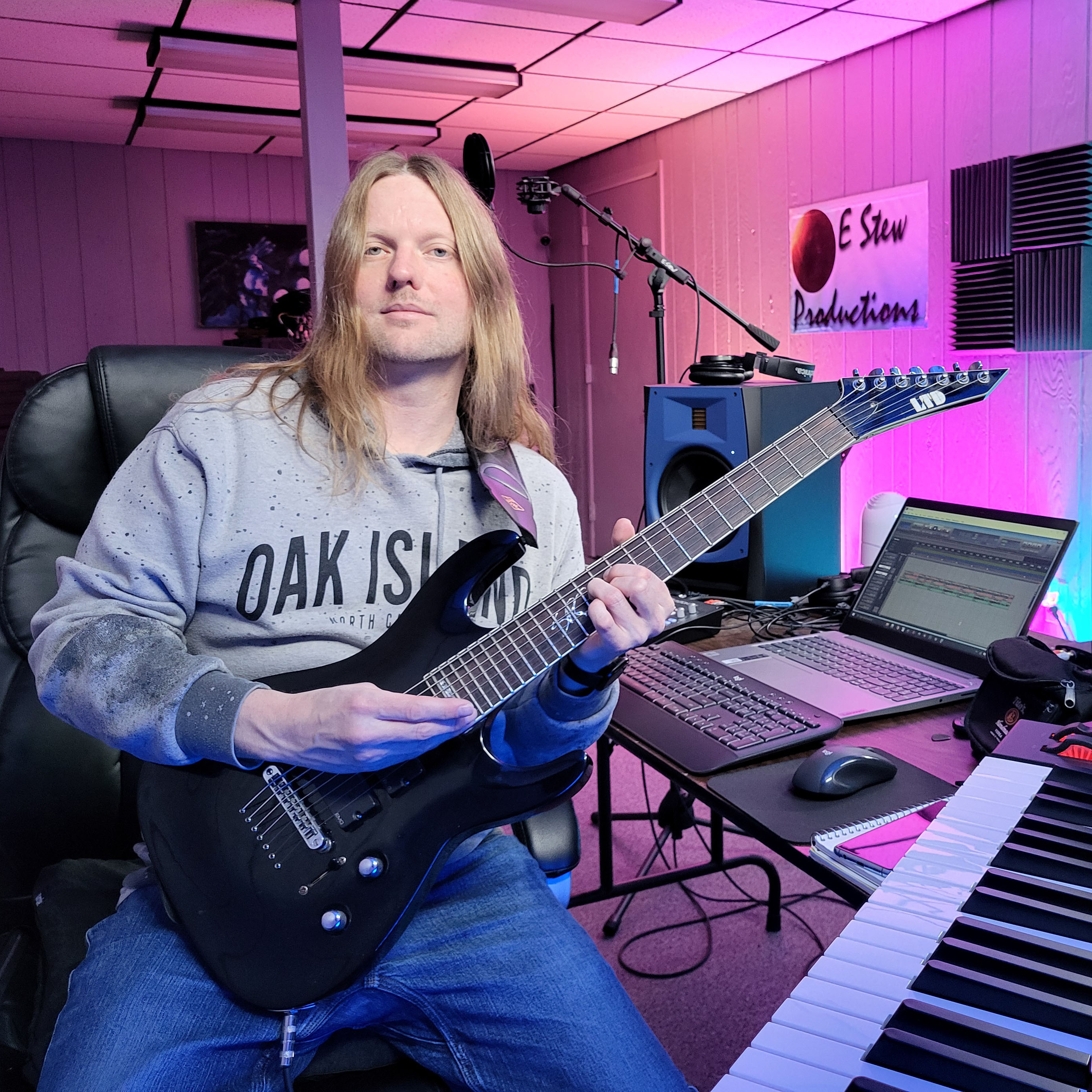 E Stew at the desk working on his EP, &quot;Cloud&quot;